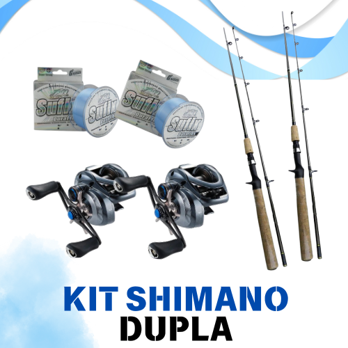 Kit Shimano Dupla - 2 Carretilhas Shimano - 2 Linhas Monofilamento Sufix Duraflex - 2 Varas Shimano Solara